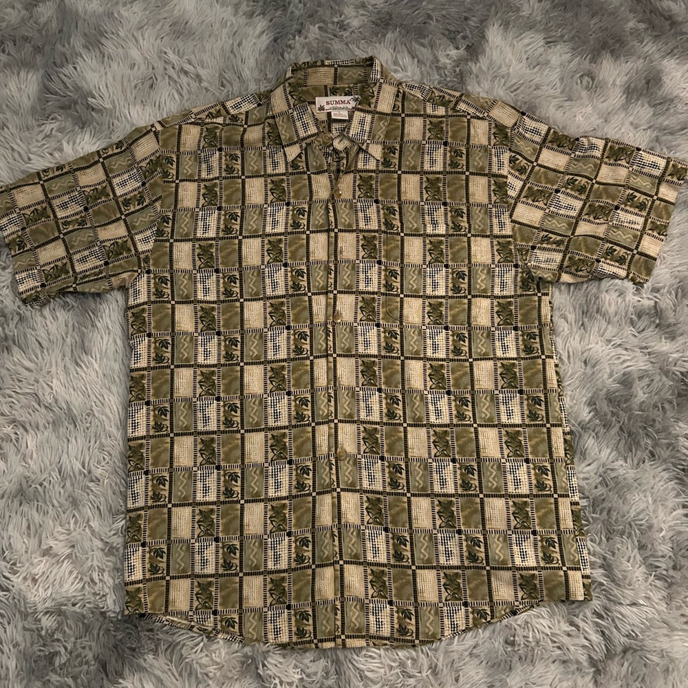 Vintage Men's Green and Beige Checkered Shirt
